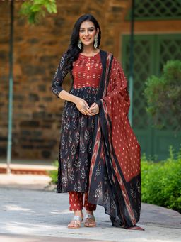 GAYRAA - Black Printed Cotton Kurta with Pant and Dupatta (Set of 3)