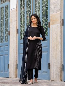 GAYRAA - Black Embroidered Cotton Kurta with Pant and Dupatta (Set of 3)