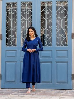 GAYRAA - Navy Blue Cotton Embroidered Flared Kurta and Pant (Set of 2)