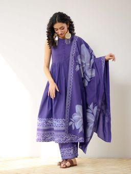 Rustorange - Lavender Daisy Cotton Kurta with Pant and Dupatta (Set of 3)