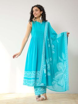 Rustorange - Blue Daisy Cotton Kurta with Pant and Dupatta (Set of 3)
