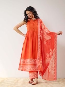 Rustorange - Orange Daisy Cotton Kurta with Pant and Dupatta (Set of 3)