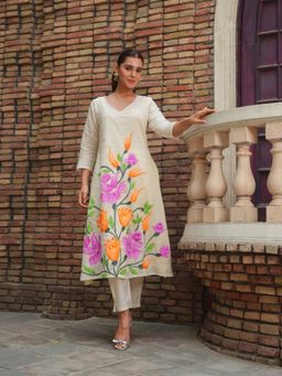 CUSTARD - Beige Cotton Floral Printed Co-Ord (Set of 2)