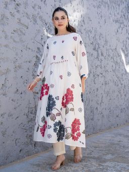 CUSTARD - White Cotton Floral Printed Anarkali Kurta and Pant (Set of 2)