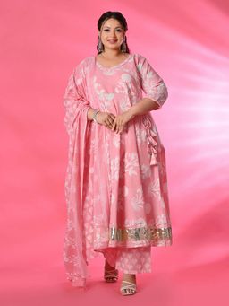 Desi Noor - Plus Size Floral Pink Angrakha Kurta with Pant and Dupatta (Set of 3)