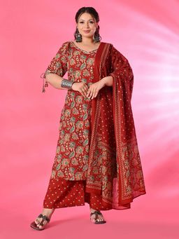 Desi Noor - Plus Size Maroon Floral Kurta with Palazzo and Dupatta (Set of 3)
