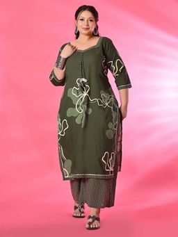 Desi Noor - Plus Size Floral Green Kurta with Palazzo (Set of 2)