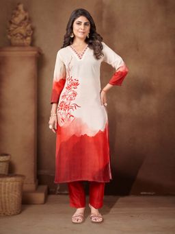 MOJILAA - Cream Muslin Ombre Printed Straight Kurta with Pant (Set of 2)