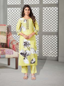 MOJILAA - Lime Yellow Floral Printed Straight Kurta with Pant (Set of 2)