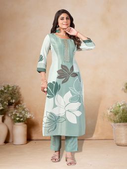 MOJILAA - Green Muslin Floral Printed Straight Kurta with Pant (Set of 2)