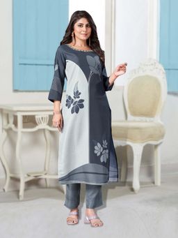 MOJILAA - Steel Grey Muslin Floral Printed Straight Kurta with Pant (Set of 2)