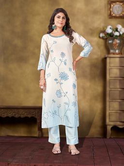 MOJILAA - White Muslin Ombre Floral Print Straight Kurta with Pant (Set of 2)
