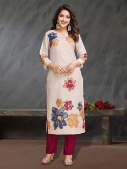 MOJILAA - Beige Linen Silk Floral Printed Straight Kurta with Pant (Set of 2)