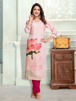 MOJILAA - Light Pink Linen Silk Floral Printed Straight Kurta with Pant (Set of 2)