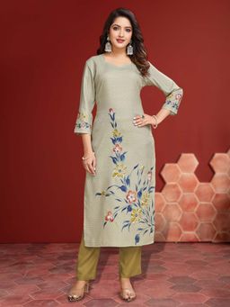 MOJILAA - Green Linen Silk Floral Printed Straight Kurta with Pant (Set of 2)