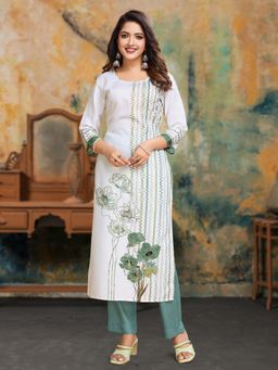 MOJILAA - White Linen Silk Chevron Printed Straight Kurta with Pant (Set of 2)