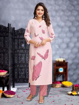 MOJILAA - Pink Linen Silk Butterfly Printed Straight Kurta with Pant (Set of 2)