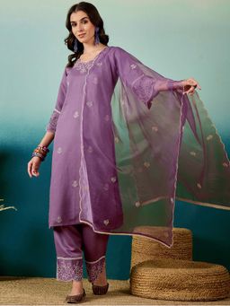 KVS FAB - Lavender Cotton Blend Embroidered Kurta with Pant and Dupatta (Set of 3)