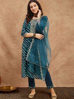 KVS FAB - Women Teal Embroidered Lehriya Printed Kurta Pant with Dupatta (Set of 3)