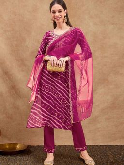 KVS FAB - Women Magenta Embroidered Lehriya Printed Kurta Pant with Dupatta (Set of 3)