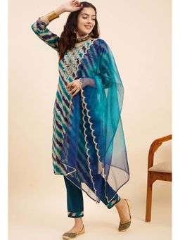 KVS FAB - Women Blue Embroidered and Printed Kurta Pant with Dupatta (Set of 3)