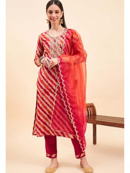 KVS FAB - Red Embroidered and Foil Printed Kurta Pant with Dupatta (Set of 3)