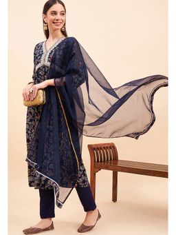 KVS FAB - Navy Blue Cotton Floral Printed Kurta Pant with Dupatta (Set of 3)