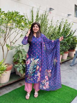 Ekana Label - Purple Peacock Printed Kurta with Pant and Dupatta (Set of 3)