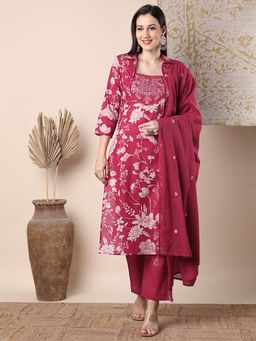 FASHOR - Red Floral Printed Straight Kurta with Pant and Dupatta (Set of 3)