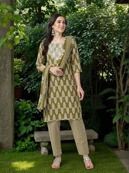 FASHOR - Leaf Printed and Embroidered Kurta with Pant and Dupatta (Set of 3)