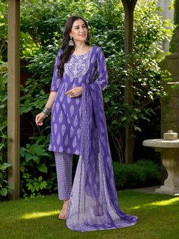 FASHOR - Purple Printed and Embroidered Kurta with Pant and Dupatta (Set of 3)
