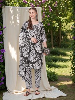 FASHOR - Black Floral Printed and Embroidered Kurta with Pant and Dupatta (Set of 3)