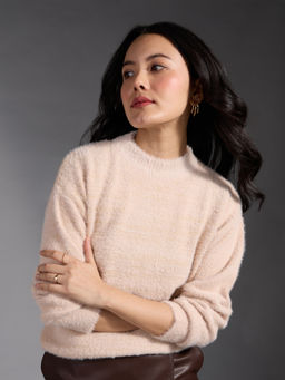 Twenty Dresses by Nykaa Fashion - Blush Pink High Neck Furry Sweater (XL)