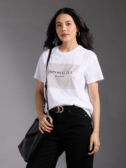 Twenty Dresses by Nykaa Fashion - White Typography Print Studded Round Neck T-Shirt