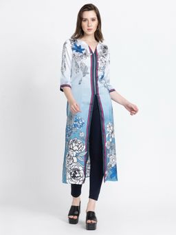 SHAYE - V-Neck Blue Printed Trousers & Tunic for Women (Set of 2)
