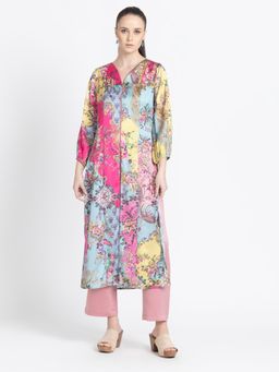 SHAYE - V-Neck Pink Printed Trousers & Tunic for Women (Set of 2)