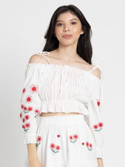 SHAYE - Cold Shoulder White Solid Three Fourth Sleeves Casual Top for Women