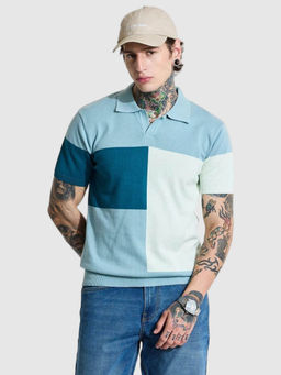 Snitch - Light Blue Colourblocked Polo Slim Fit T-Shirt