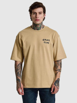 Snitch - Beige Graphic Print Oversized Fit T-Shirt