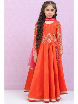 Biba - Orange Printed Lehenga (Set of 3)