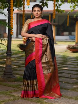 Beatitude - Black Shade Handwoven Banarasi Katan Silk Saree with Unstitched Blouse