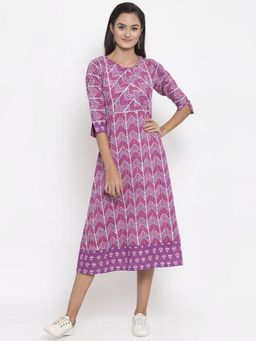 Indibelle - Cotton Purple Geometric Print A-Line Dress
