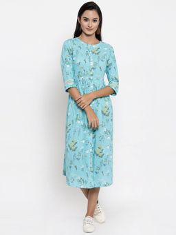 Indibelle - Cotton Sky Blue Floral Print A-Line Dress