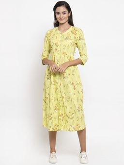 Indibelle - Cotton Yellow Floral Print A-Line Dress