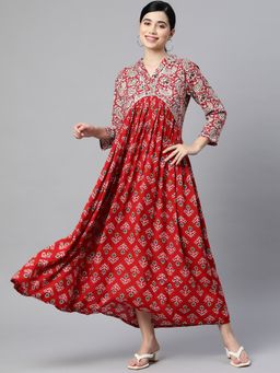 Indibelle - Rayon Red Paisley Print A-Line Dress