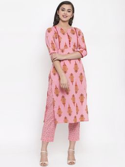 Indibelle - Cotton Pink Block Print Yoke Detailing Straight Kurta