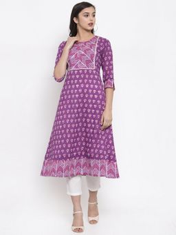 Indibelle - Cotton Purple Block Print A-Line Kurta