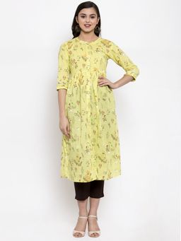 Indibelle - Cotton Yellow Floral Print A-Line Kurta