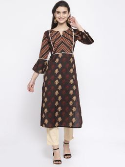 Indibelle - Cotton Coffee Brown Booti Floral Print Straight Kurta