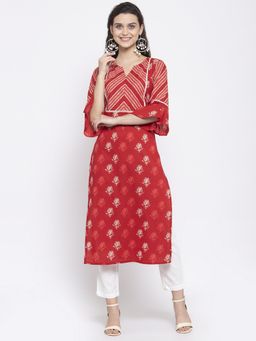 Indibelle - Cotton Red Booti Floral Print Straight Kurta